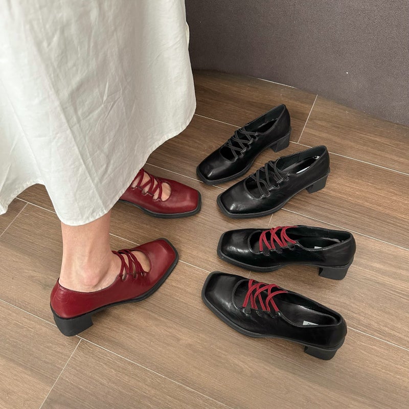 أحذية فردية ذات كعب عريض برباط عرضي بتصميم مربع للنساء، نمط ريترو، حجم كبير، ربيع 2025 - Image 4